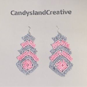 Handmade grey/pink xl diamond crochet dangle earrings
